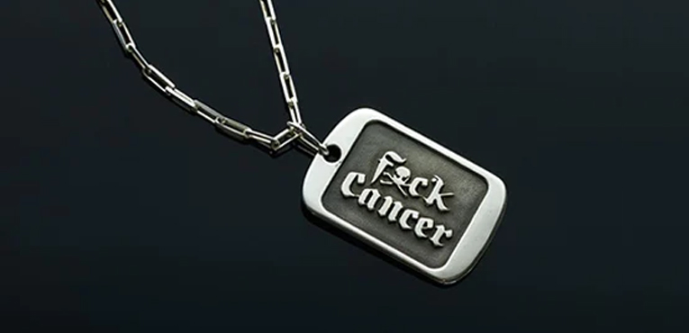 Collab with Jewelry Artist, Aron Turen fuck cancer dog tags